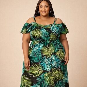 #1053 BloomChic Plus Size Tropical Palm Print Cold Shoulder Midi Dress
